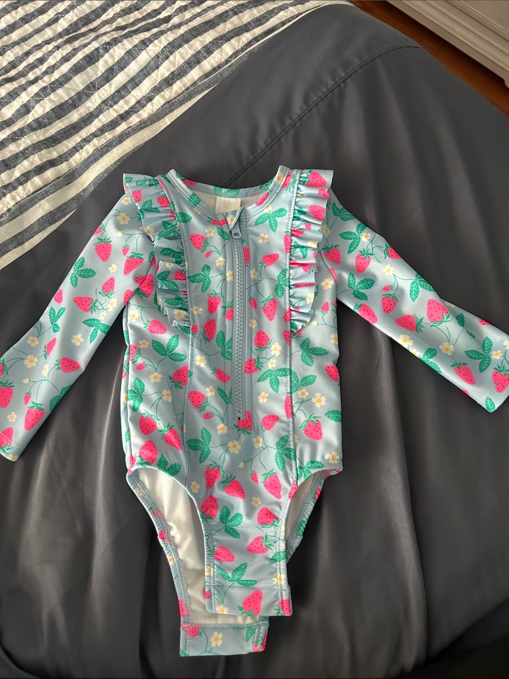 Cat & Jack Light Blue Long Sleeve Strawberry Print One-Piece